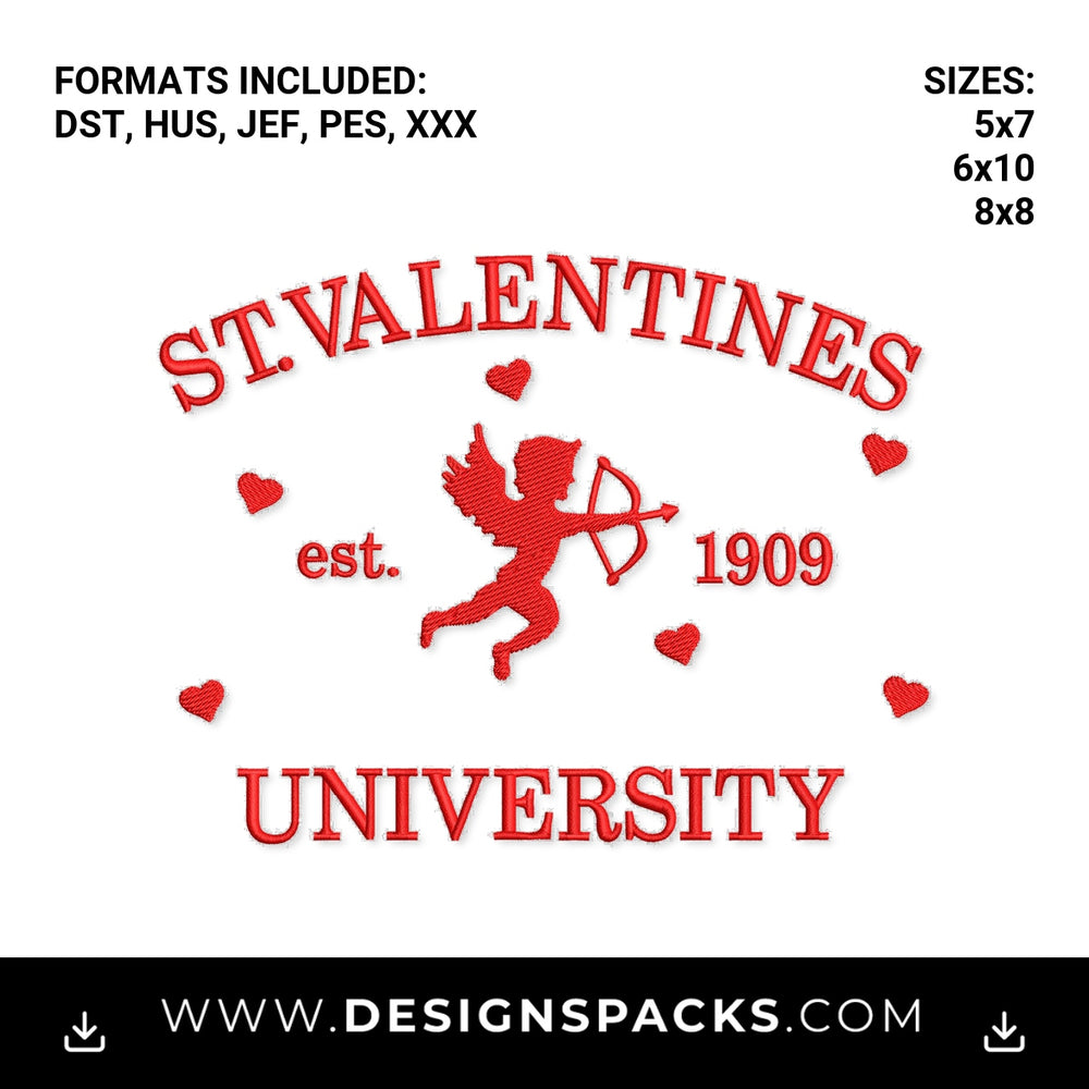 St Valentines University Cupid Embroidery Design - Instant digital download pattern at Designspacks.com