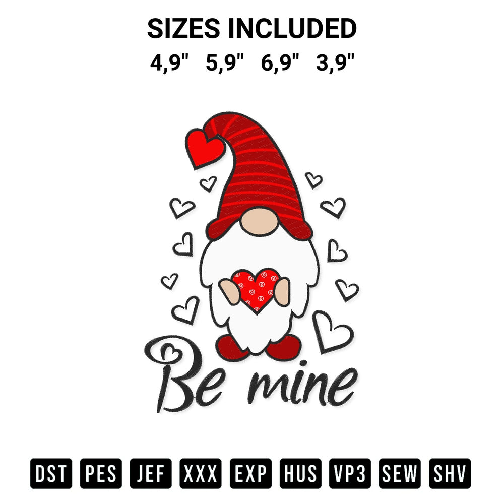 Add a unique touch to your apparel with the Be Mine Valentine Gnome Embroidery Design embroidery file. Premium instant download available now on Designspacks.com. Available sizes: 4,9", 5,9", 6,9", 3,9".