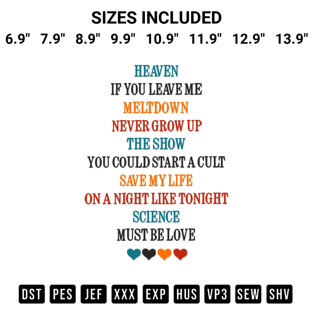 Add a unique touch to your apparel with the Niall Horan The Show List Of Songs Embroidery Design embroidery file. Premium instant download available now on Designspacks.com. Available sizes: 6.9", 7.9", 8.9", 9.9", 10.9", 11.9", 12.9", 13.9".