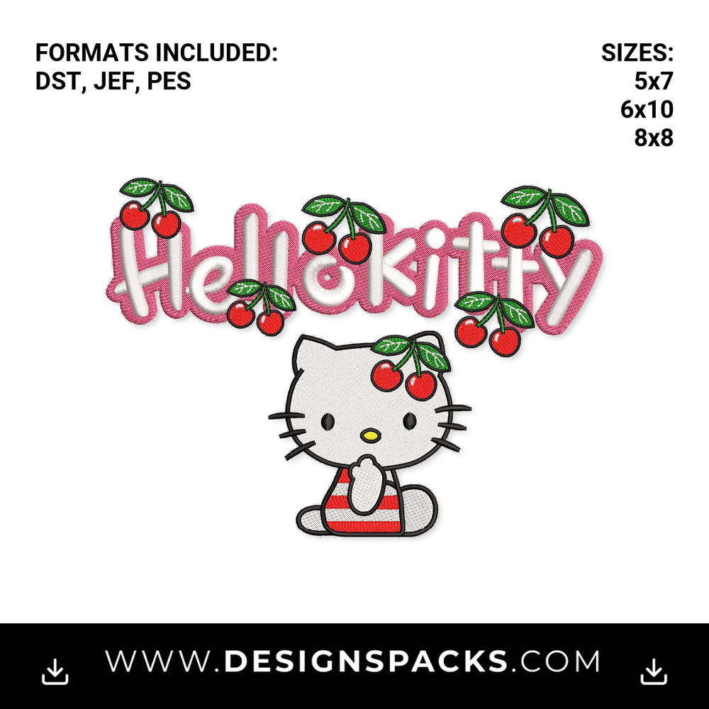 Hello Kitty with Cherries Embroidery Design - Instant digital download pattern at Designspacks.com