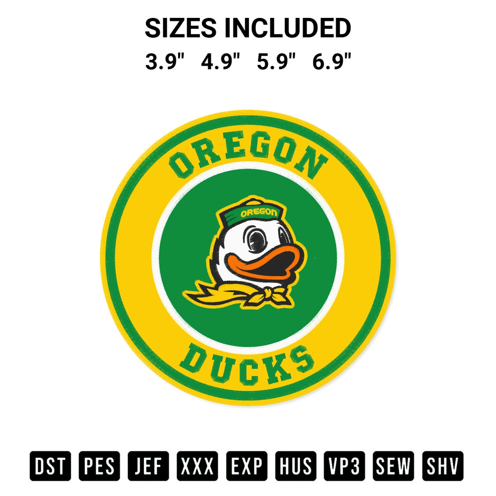 Elevate your next project with our Mascot Oregon Ducks Circle Logo Embroidery Design embroidery file. Shop high-quality digital patterns instantly at Designspacks.com. Available sizes: 3.9", 4.9", 5.9", 6.9".
