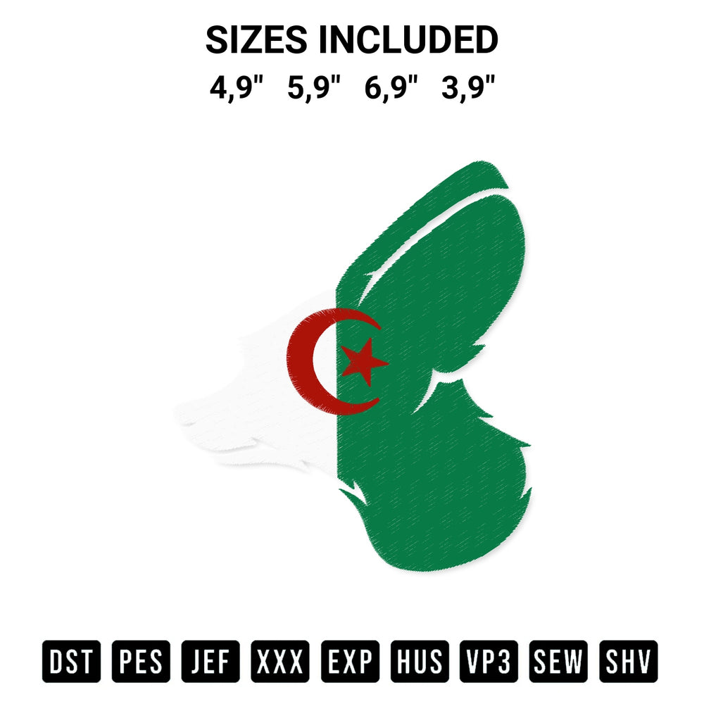 Create amazing crafts with the Flag Fennec Of Algeria Embroidery Design embroidery file. High-quality digital download from Designspacks.com, perfect for beginners and pros. Available sizes: 4,9", 5,9", 6,9", 3,9".