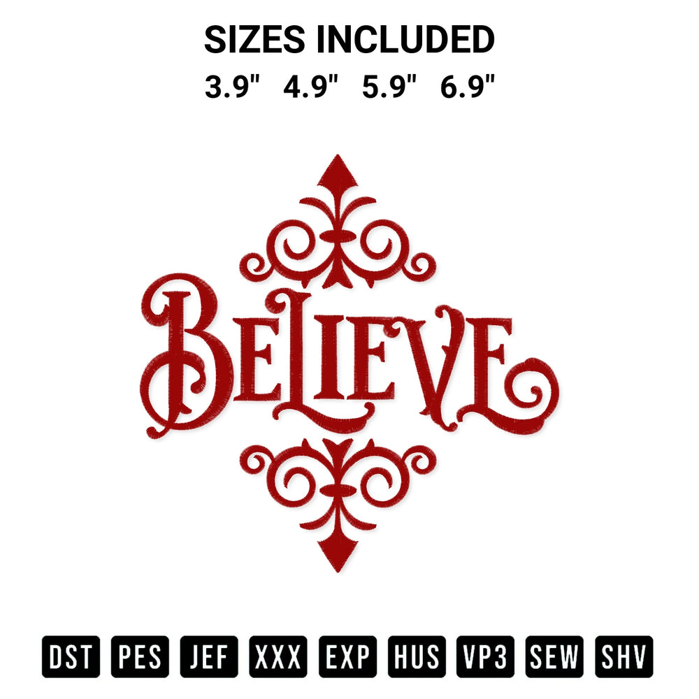 Shop the Believe 1 Embroidery Design machine embroidery pattern at Designspacks.com. Beautifully digitized for flawless stitching on any fabric. Available sizes: 3.9", 4.9", 5.9", 6.9".