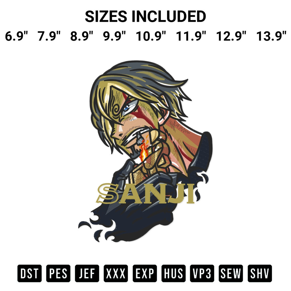 Get the Sanji One Piece Embroidery Design embroidery design for your custom crafts! Premium digitized files available for instant download at Designspacks.com. Available sizes: 6.9", 7.9", 8.9", 9.9", 10.9", 11.9", 12.9", 13.9".