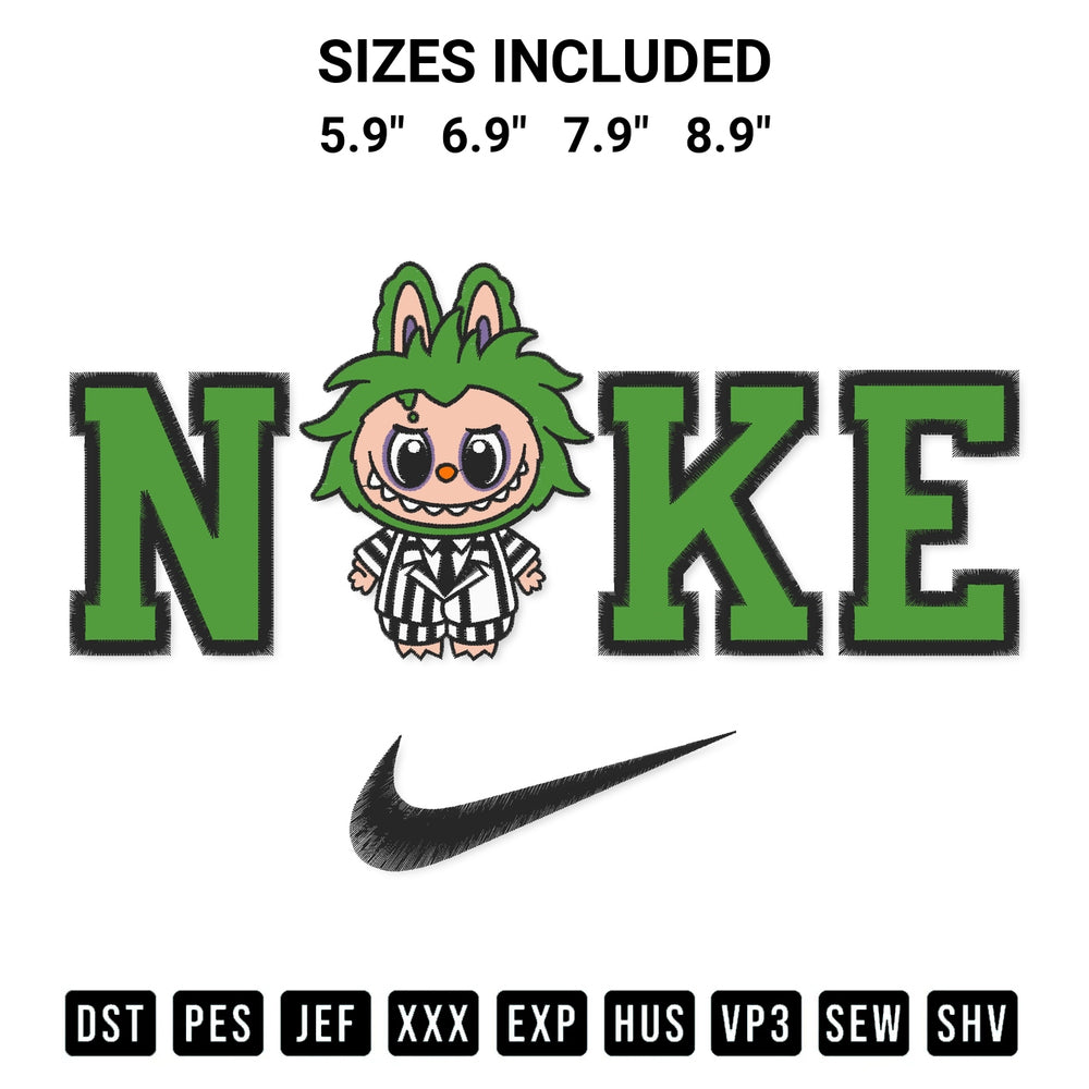 Create amazing crafts with the Nike Beetlejuice Labubu Embroidery Design embroidery file. High-quality digital download from Designspacks.com, perfect for beginners and pros. Available sizes: 5.9", 6.9", 7.9", 8.9".