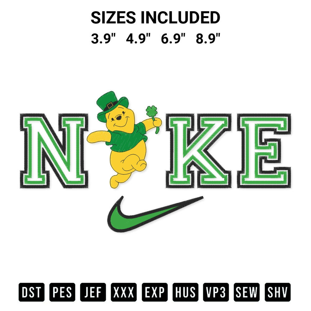 Create amazing crafts with the Pooh Bear St Patricks Day X Nike Embroidery Design embroidery file. High-quality digital download from Designspacks.com, perfect for beginners and pros. Available sizes: 3.9", 4.9", 6.9", 8.9".