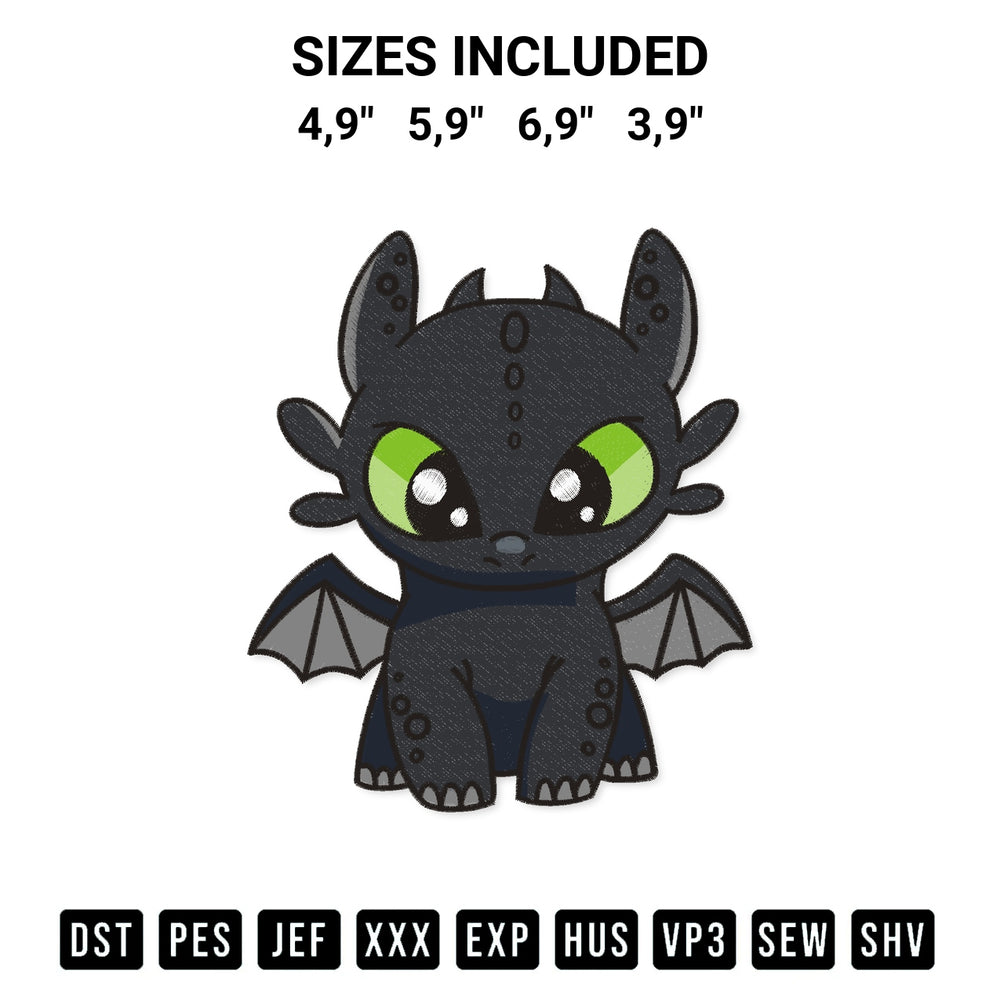 Transform your fabrics with the Baby Dragon Toothless Logo Embroidery Design embroidery design. Instant access to premium digitized patterns at Designspacks.com. Available sizes: 4,9", 5,9", 6,9", 3,9".