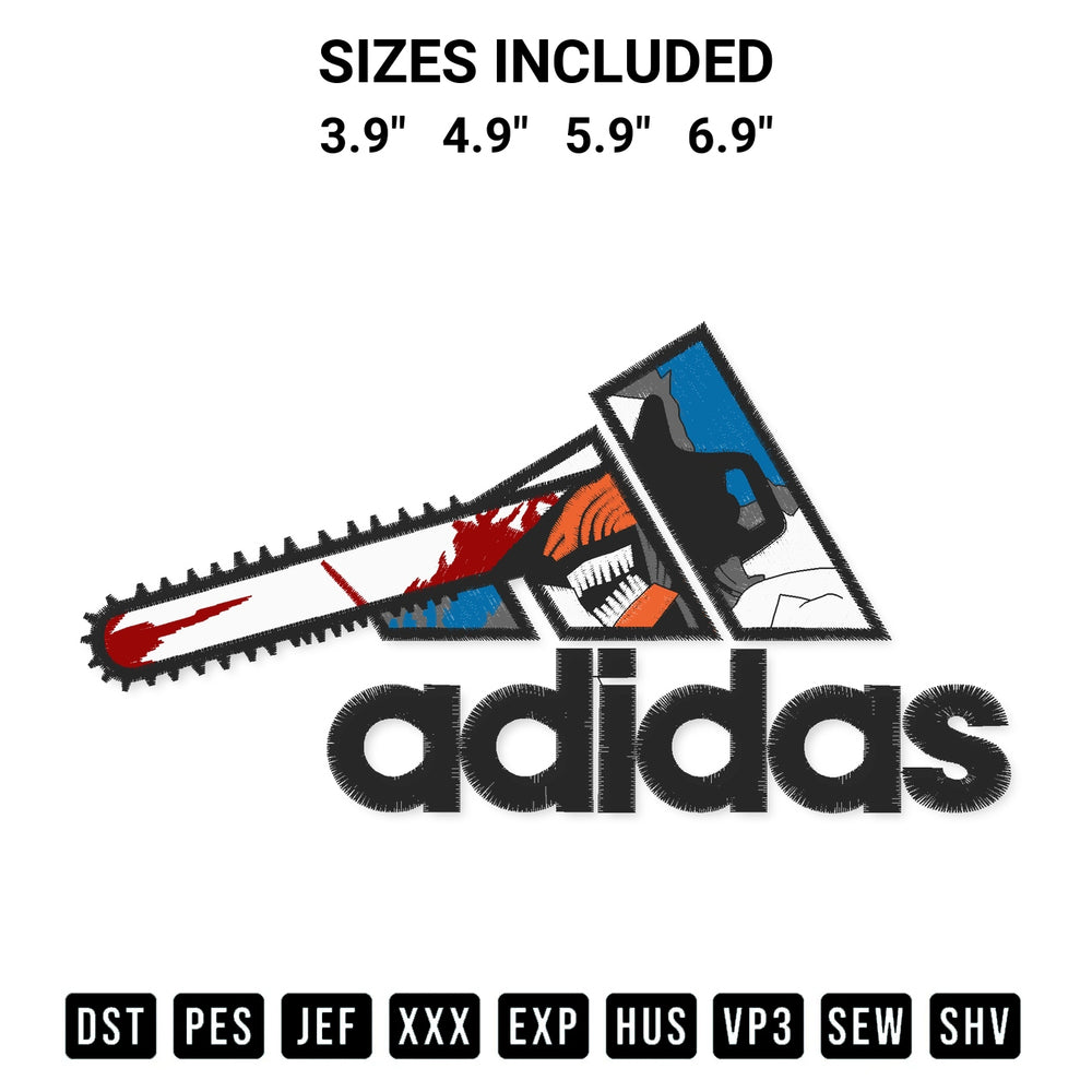 Stitch like a pro with the Adidas Chainsaw Man Embroidery Design embroidery pattern from Designspacks.com. High-quality digital machine embroidery file. Available sizes: 3.9", 4.9", 5.9", 6.9".