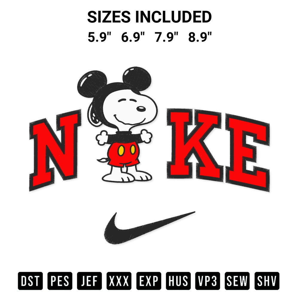 Shop the Snoopy Mickey X Nike Embroidery Design machine embroidery pattern at Designspacks.com. Beautifully digitized for flawless stitching on any fabric. Available sizes: 5.9", 6.9", 7.9", 8.9".