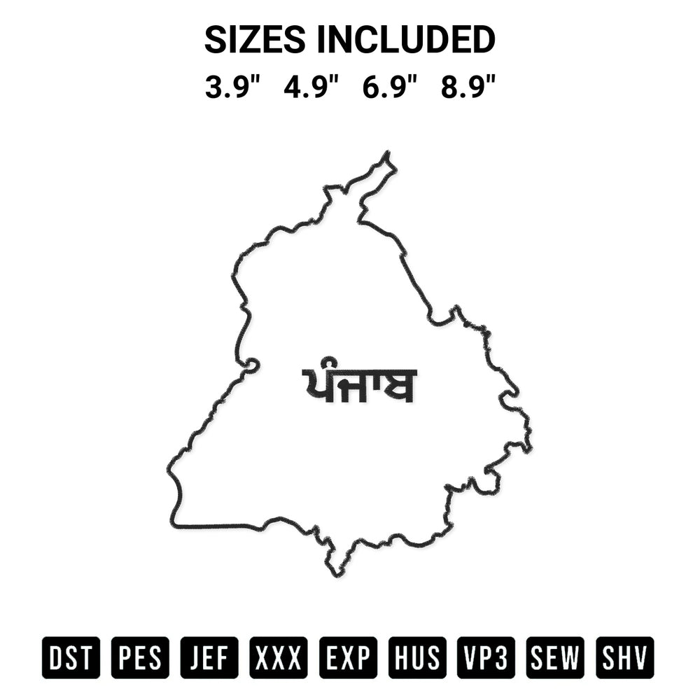 Download the Punjab Map Embroidery Design machine embroidery design exclusively at Designspacks.com. Premium digitized pattern for apparel and DIY crafts. Available sizes: 3.9", 4.9", 6.9", 8.9".