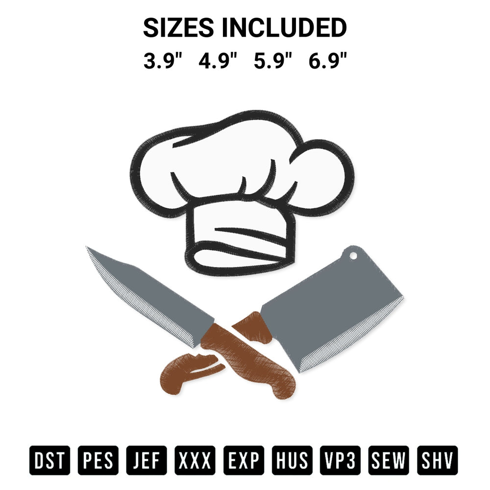 Stitch like a pro with the Chef Hat Knives Embroidery Design embroidery pattern from Designspacks.com. High-quality digital machine embroidery file. Available sizes: 3.9", 4.9", 5.9", 6.9".
