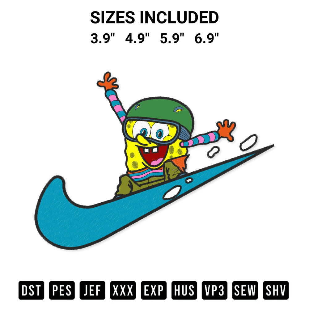 Create amazing crafts with the Spongebob Skiing Funny Logo Nike Embroidery Design embroidery file. High-quality digital download from Designspacks.com, perfect for beginners and pros. Available sizes: 3.9", 4.9", 5.9", 6.9".