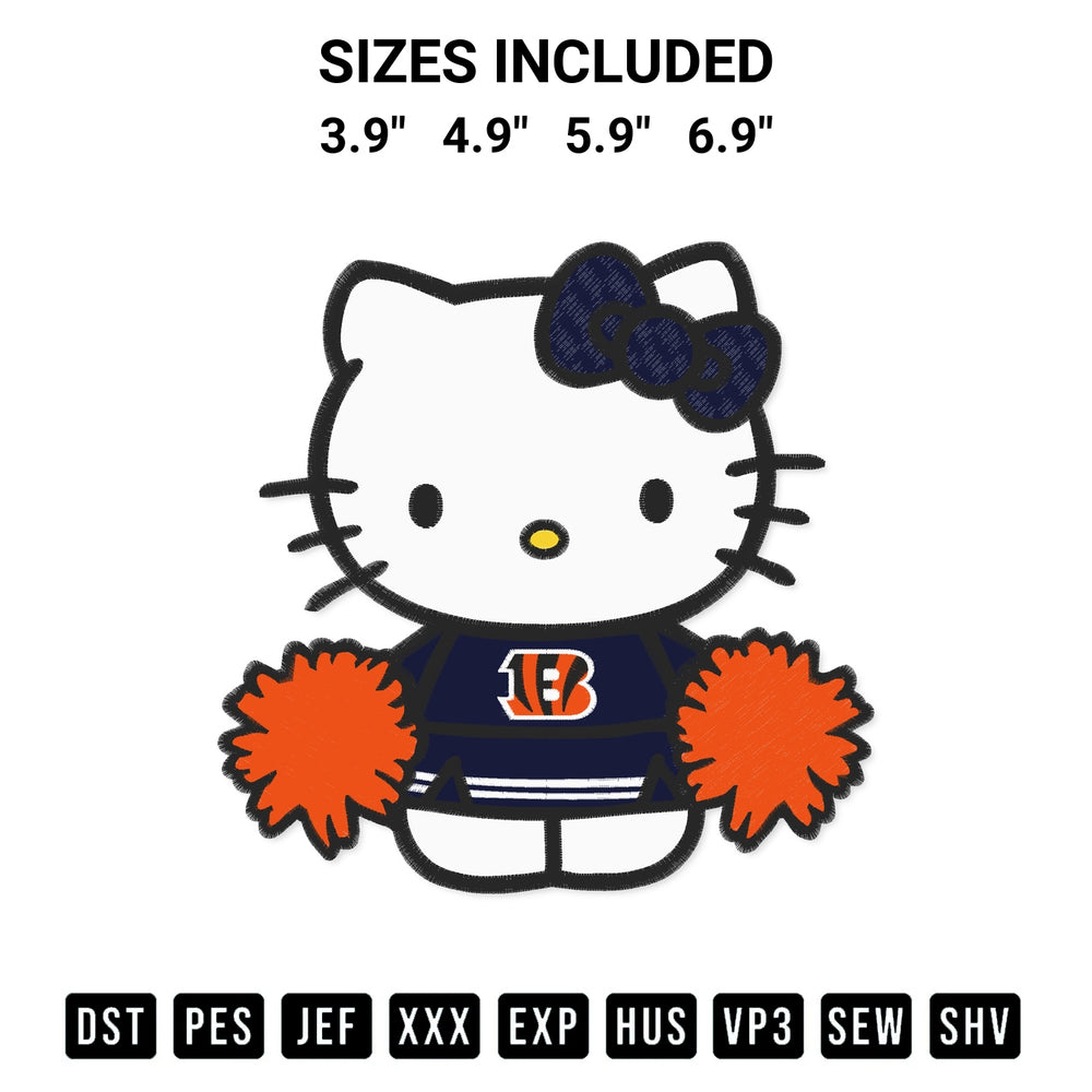 Transform your fabrics with the Hello Kitty Cheerleader Cincinnati Bengals Embroidery Design embroidery design. Instant access to premium digitized patterns at Designspacks.com. Available sizes: 3.9", 4.9", 5.9", 6.9".