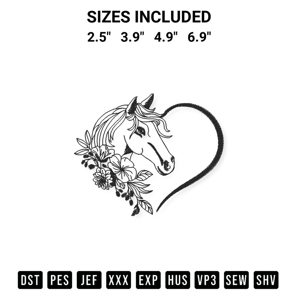 Get the Horse Heart With Flowers Embroidery Design embroidery design for your custom crafts! Premium digitized files available for instant download at Designspacks.com. Available sizes: 2.5", 3.9", 4.9", 6.9".
