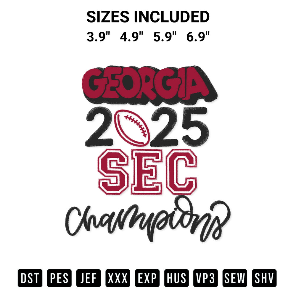 Get the Georgia Bulldogs 2025 Sec Champions Embroidery Design embroidery design for your custom crafts! Premium digitized files available for instant download at Designspacks.com. Available sizes: 3.9", 4.9", 5.9", 6.9".