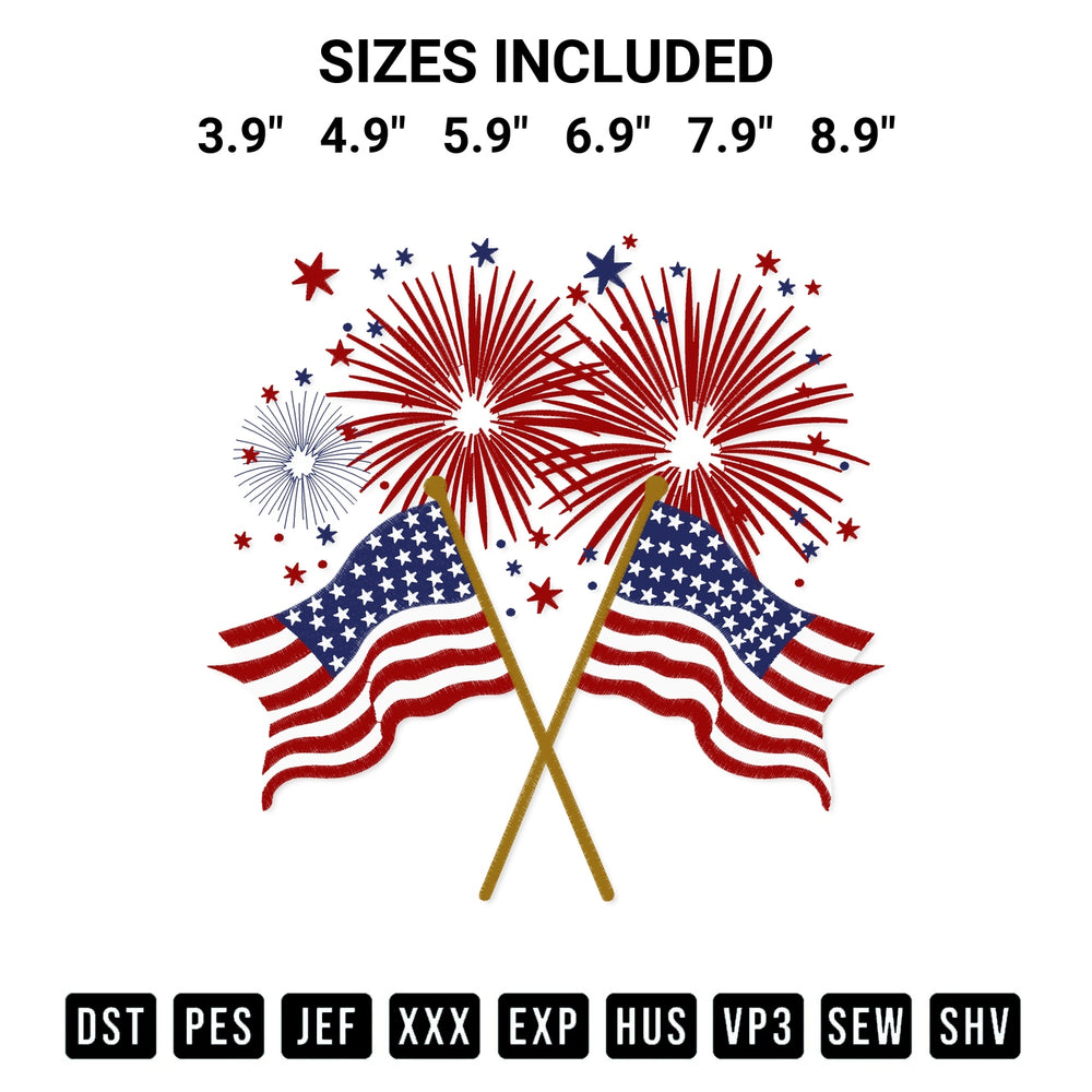 Download the Usa Flag Fireworks Embroidery Design machine embroidery design exclusively at Designspacks.com. Premium digitized pattern for apparel and DIY crafts. Available sizes: 3.9", 4.9", 5.9", 6.9", 7.9", 8.9".