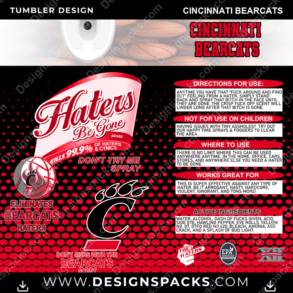 College Sport Hates Be Gone (MBB) Cincinnati Bearcats NCAA College Sport Tumbler Digital Wrap Design Download