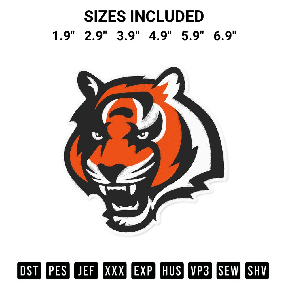 Download the Cincinnati Bengals Tiger Embroidery Design machine embroidery design exclusively at Designspacks.com. Premium digitized pattern for apparel and DIY crafts. Available sizes: 1.9", 2.9", 3.9", 4.9", 5.9", 6.9".