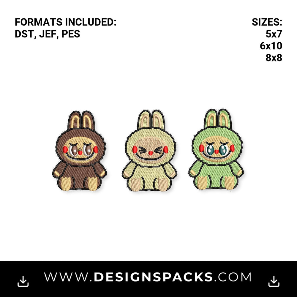 Cute Monster Bunny Trio Embroidery Design - Instant digital download pattern at Designspacks.com