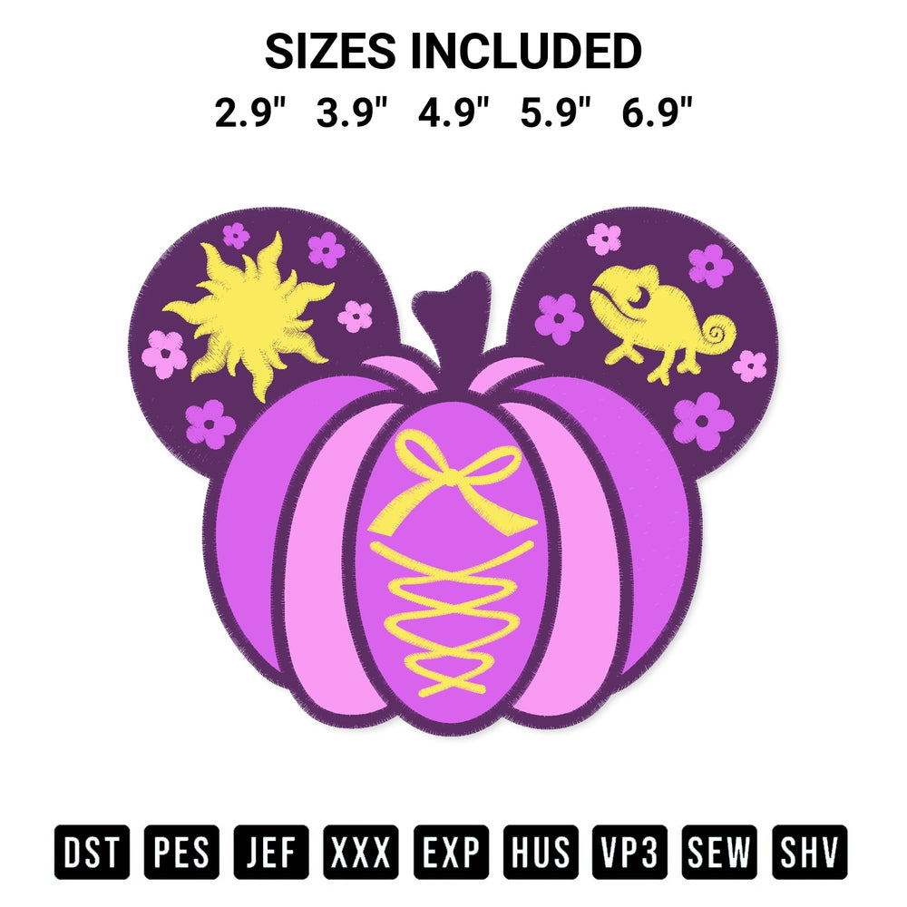 Shop the Rapunzel Princess Pumpkin Mickey Embroidery Design machine embroidery pattern at Designspacks.com. Beautifully digitized for flawless stitching on any fabric. Available sizes: 2.9", 3.9", 4.9", 5.9", 6.9".