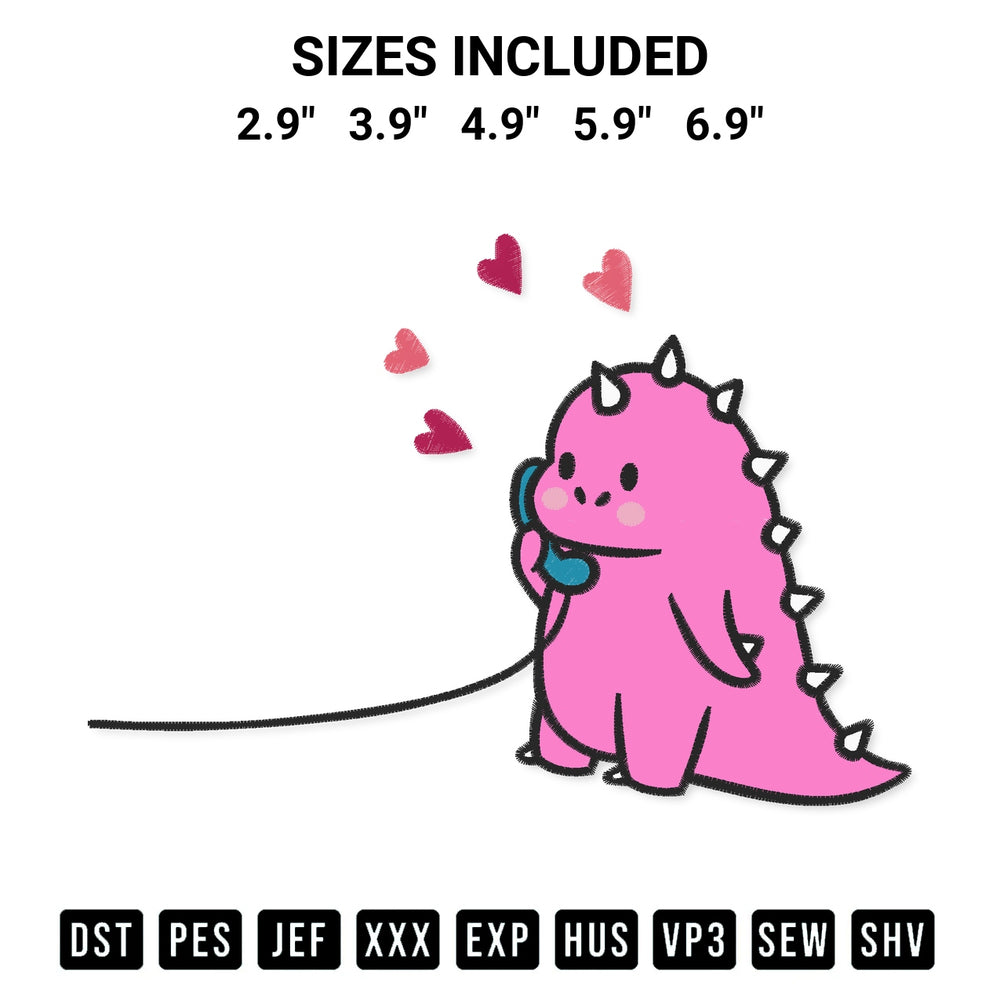 Create amazing crafts with the Pink Dinosaur Phone Call Valentine Embroidery Design embroidery file. High-quality digital download from Designspacks.com, perfect for beginners and pros. Available sizes: 2.9", 3.9", 4.9", 5.9", 6.9".