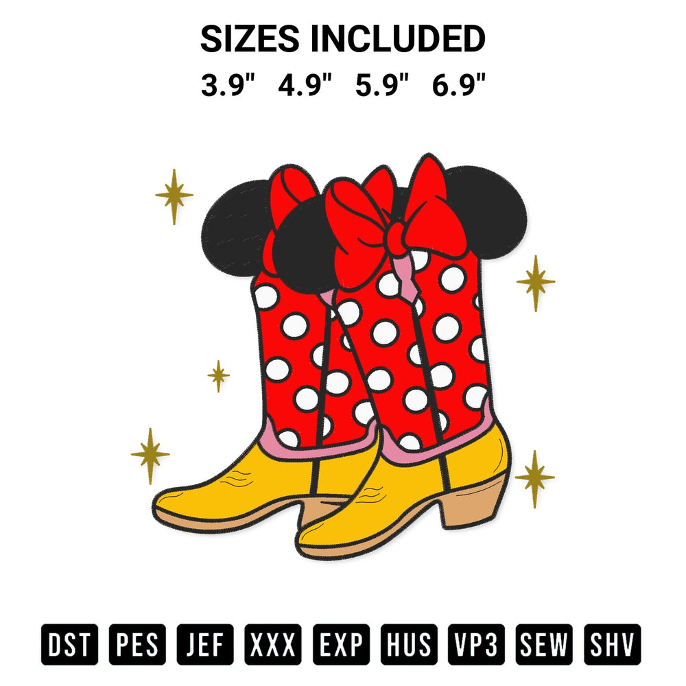 Add a unique touch to your apparel with the Minnie Mouse Cowgirl Boots Embroidery Design embroidery file. Premium instant download available now on Designspacks.com. Available sizes: 3.9", 4.9", 5.9", 6.9".