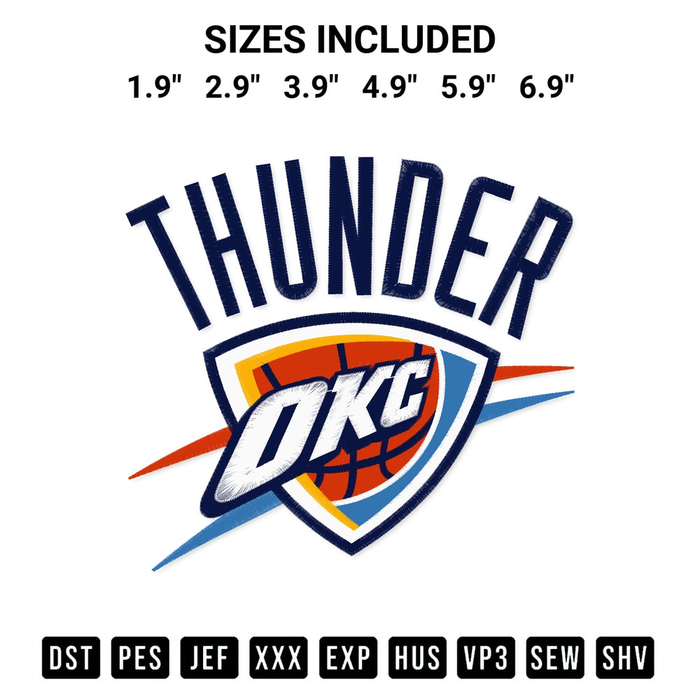 Discover the perfect addition to your crafting collection: Oklahoma City Thunder Logo Embroidery Design embroidery file. Instantly available at Designspacks.com. Available sizes: 1.9", 2.9", 3.9", 4.9", 5.9", 6.9".