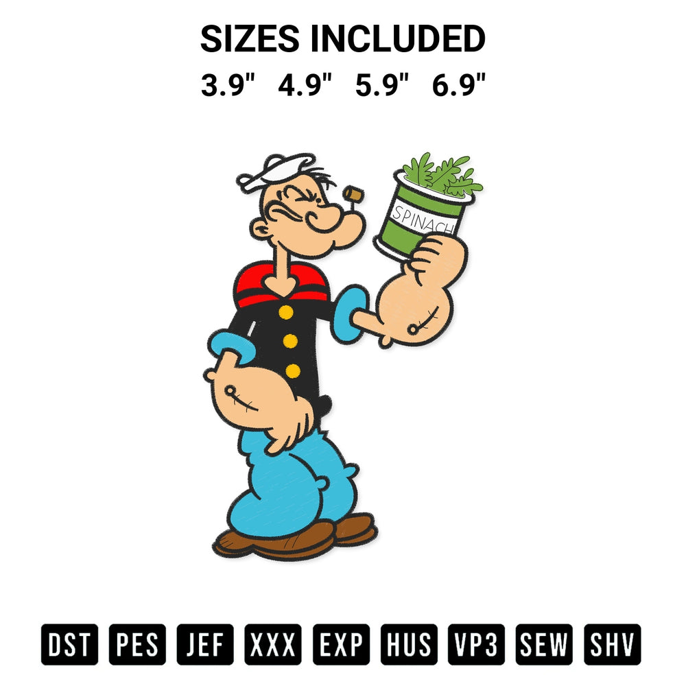 Elevate your next project with our Popeye With Spinach Embroidery Design embroidery file. Shop high-quality digital patterns instantly at Designspacks.com. Available sizes: 3.9", 4.9", 5.9", 6.9".