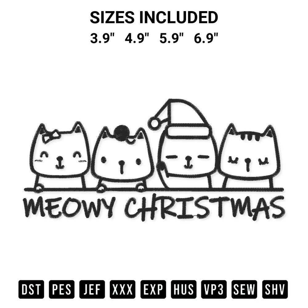 Add a unique touch to your apparel with the Meowy Christmas Cats Embroidery Design embroidery file. Premium instant download available now on Designspacks.com. Available sizes: 3.9", 4.9", 5.9", 6.9".
