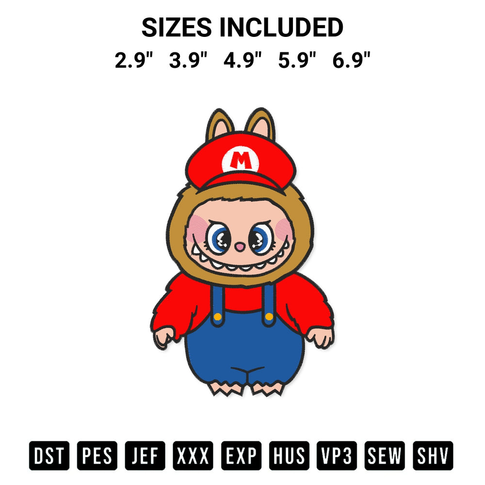 Get the Labubu Mario Embroidery Design embroidery design for your custom crafts! Premium digitized files available for instant download at Designspacks.com. Available sizes: 2.9", 3.9", 4.9", 5.9", 6.9".