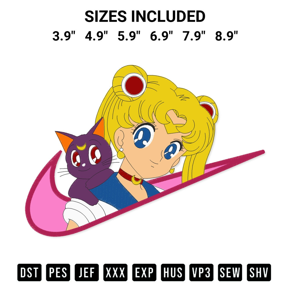 Get the Swoosh Sailor Moon Embroidery Design embroidery design for your custom crafts! Premium digitized files available for instant download at Designspacks.com. Available sizes: 3.9", 4.9", 5.9", 6.9", 7.9", 8.9".
