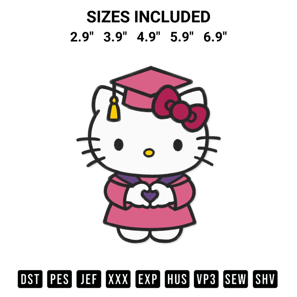 Download the Graduation Hello Kitty Heart Hand Embroidery Design machine embroidery design exclusively at Designspacks.com. Premium digitized pattern for apparel and DIY crafts. Available sizes: 2.9", 3.9", 4.9", 5.9", 6.9".