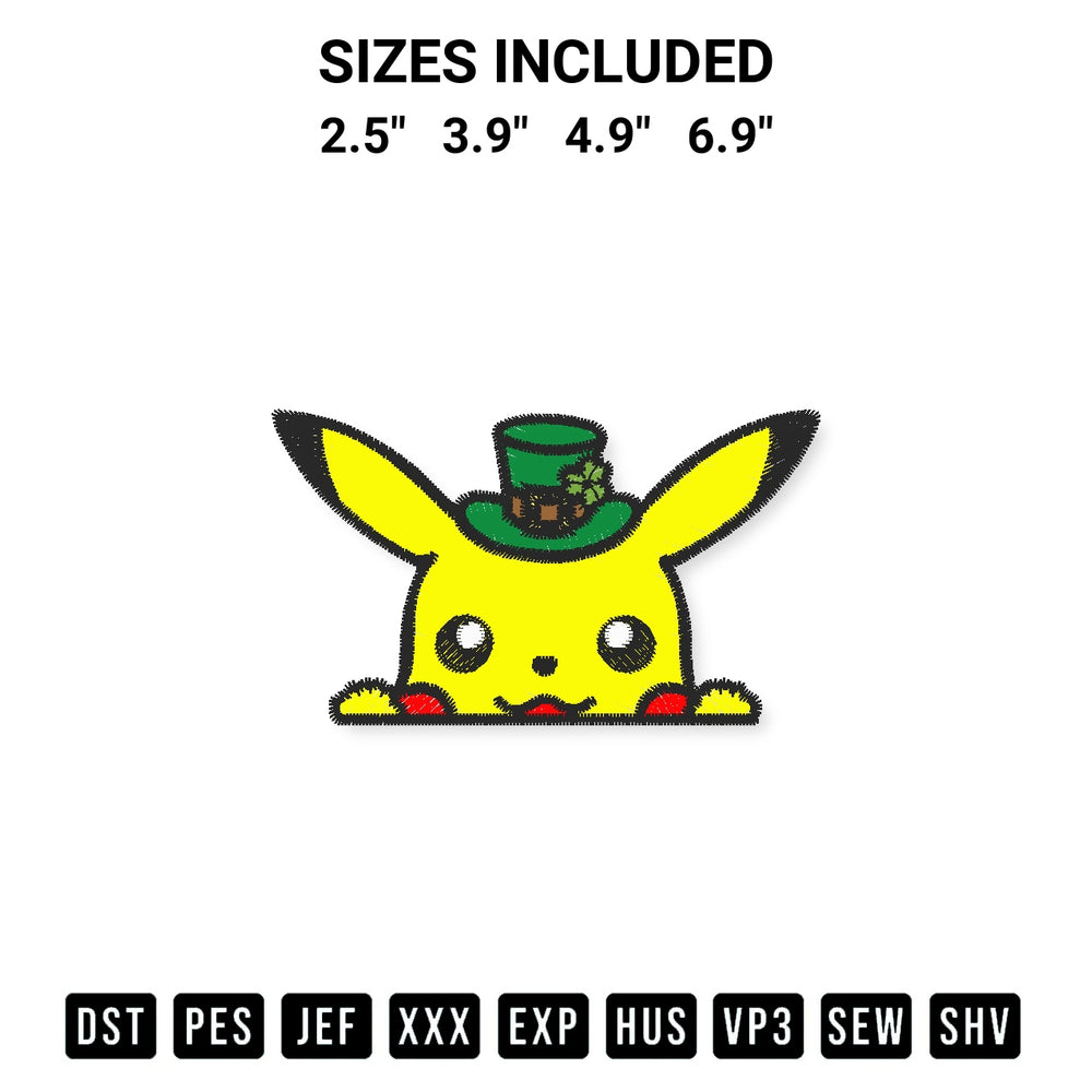 Discover the perfect addition to your crafting collection: Pikachu St Patricks Embroidery Design embroidery file. Instantly available at Designspacks.com. Available sizes: 2.5", 3.9", 4.9", 6.9".
