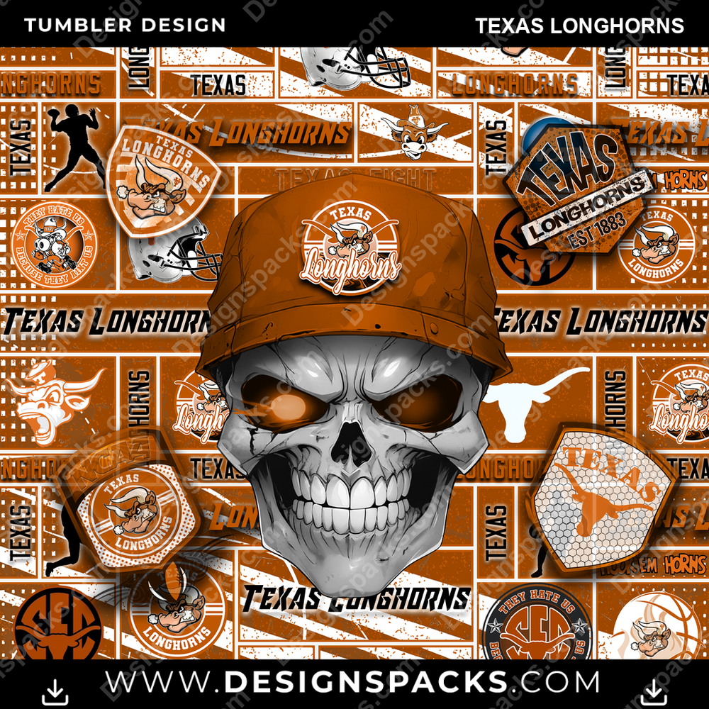 College Sport Skull Texas Longhorns NCAA College Sport Tumbler Digital Wrap Design Download