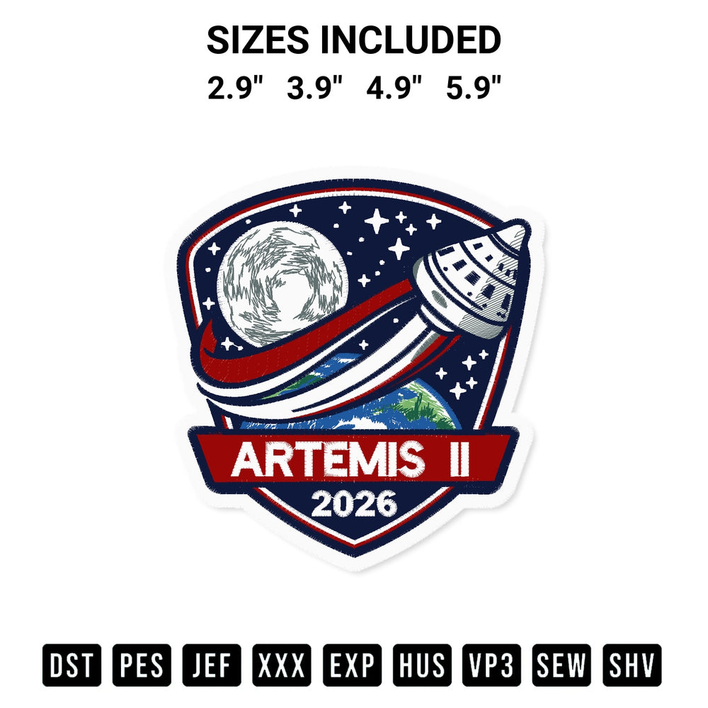 Shop the Artemis Ii 2026 Nasa Embroidery Design machine embroidery pattern at Designspacks.com. Beautifully digitized for flawless stitching on any fabric. Available sizes: 2.9", 3.9", 4.9", 5.9".