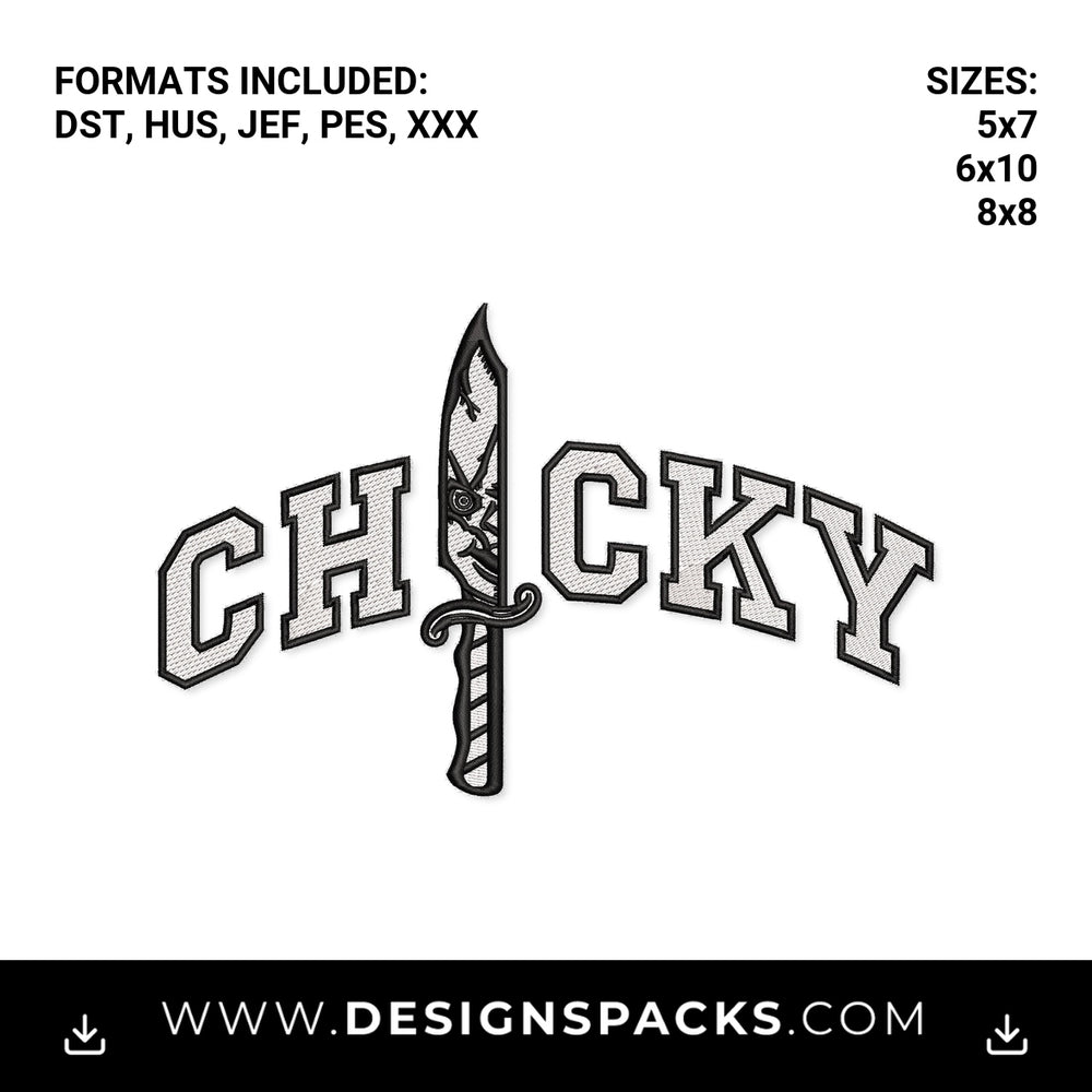 Chucky Horror Knife Varsity Lettering Embroidery Design - Instant digital download pattern at Designspacks.com