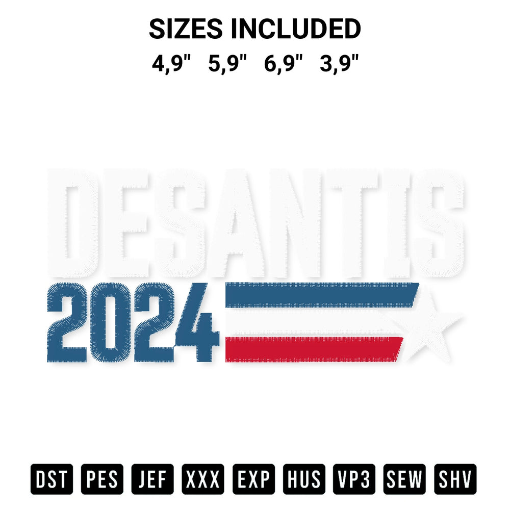 Discover the perfect addition to your crafting collection: Desantis 2024 For President Vintage Distressed Desantis Political 2024 Logo Embroidery Design embroidery file. Instantly available at Designspacks.com. Available sizes: 4,9", 5,9", 6,9", 3,9".