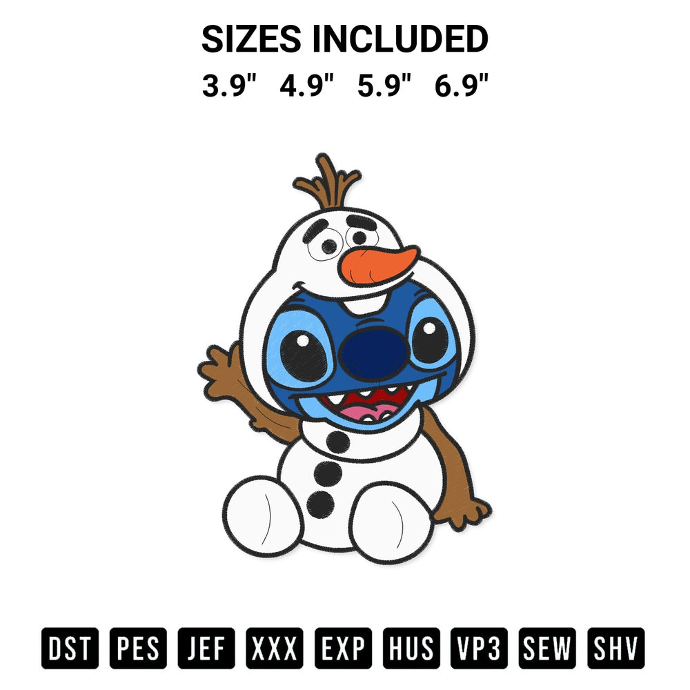 Get the Stitch Frozen Olaf Embroidery Design embroidery design for your custom crafts! Premium digitized files available for instant download at Designspacks.com. Available sizes: 3.9", 4.9", 5.9", 6.9".