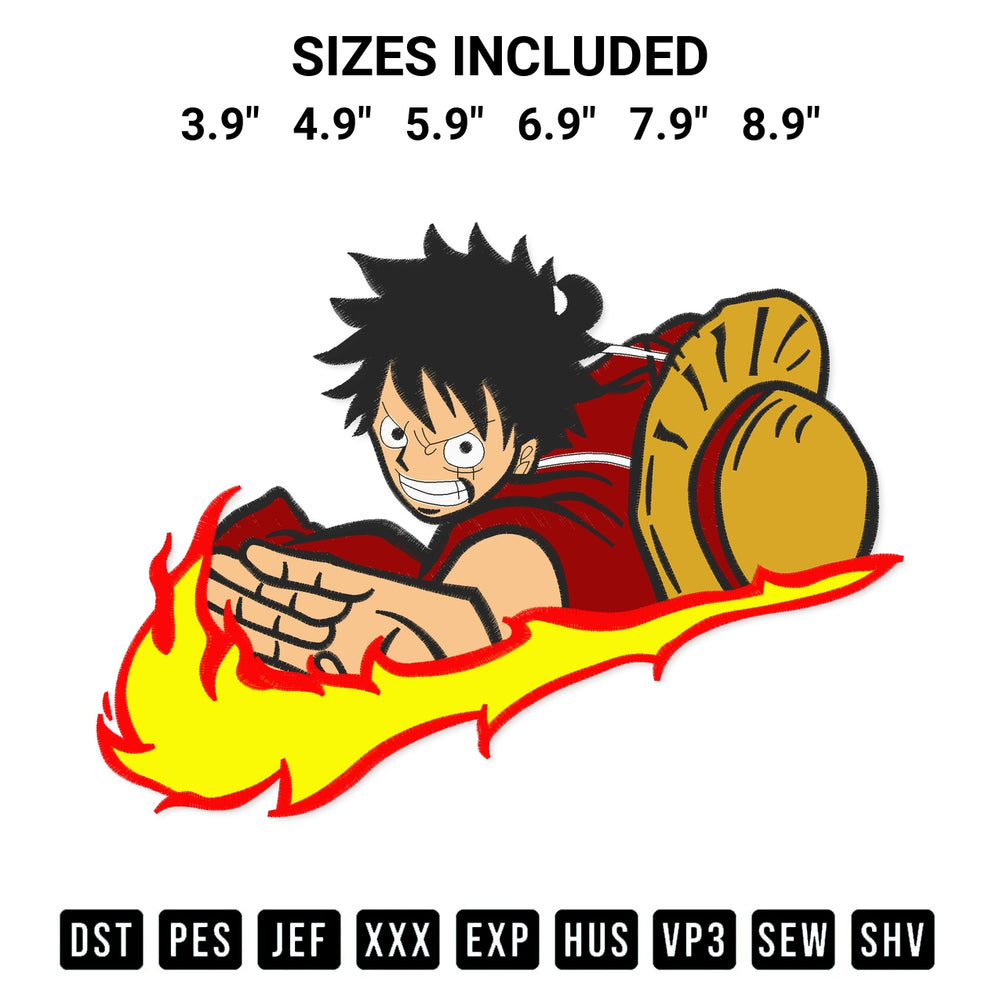 Stitch like a pro with the Swoosh Luffy Angry Embroidery Design embroidery pattern from Designspacks.com. High-quality digital machine embroidery file. Available sizes: 3.9", 4.9", 5.9", 6.9", 7.9", 8.9".