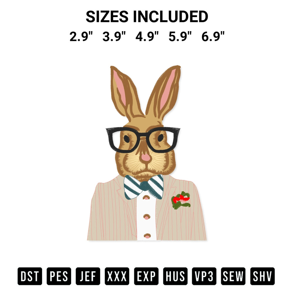 Download the Gentleman Rabbit With Glasses Embroidery Design machine embroidery design exclusively at Designspacks.com. Premium digitized pattern for apparel and DIY crafts. Available sizes: 2.9", 3.9", 4.9", 5.9", 6.9".