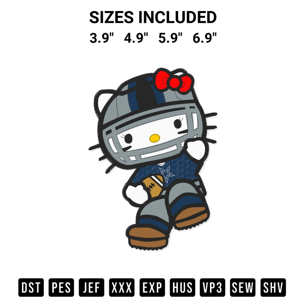 Transform your fabrics with the Hello Kitty Cowboys Dallas Embroidery Design embroidery design. Instant access to premium digitized patterns at Designspacks.com. Available sizes: 3.9", 4.9", 5.9", 6.9".