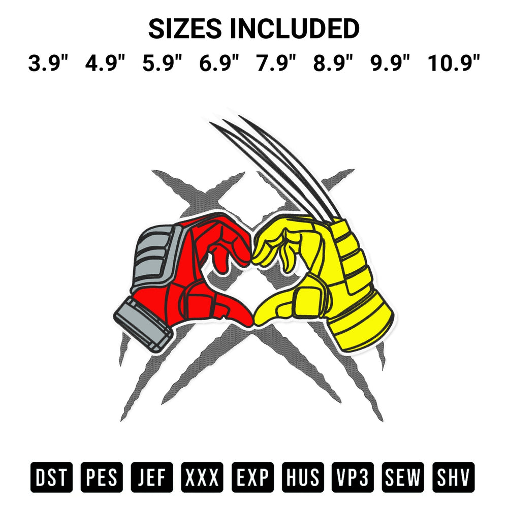 Get the Deadpool And Wolverine Hand Heart Embroidery Design embroidery design for your custom crafts! Premium digitized files available for instant download at Designspacks.com. Available sizes: 3.9", 4.9", 5.9", 6.9", 7.9", 8.9", 9.9", 10.9".