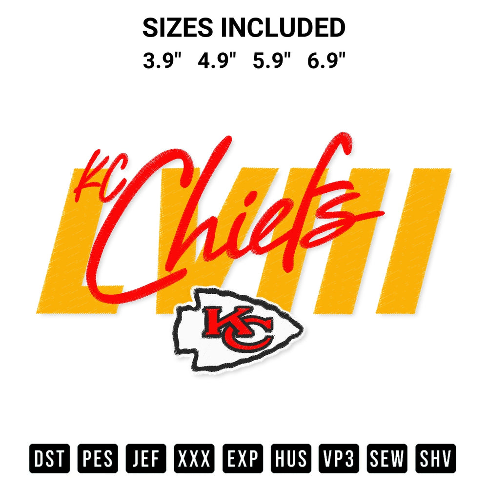 Elevate your next project with our Kc Chiefs Lviii Logo Embroidery Design embroidery file. Shop high-quality digital patterns instantly at Designspacks.com. Available sizes: 3.9", 4.9", 5.9", 6.9".