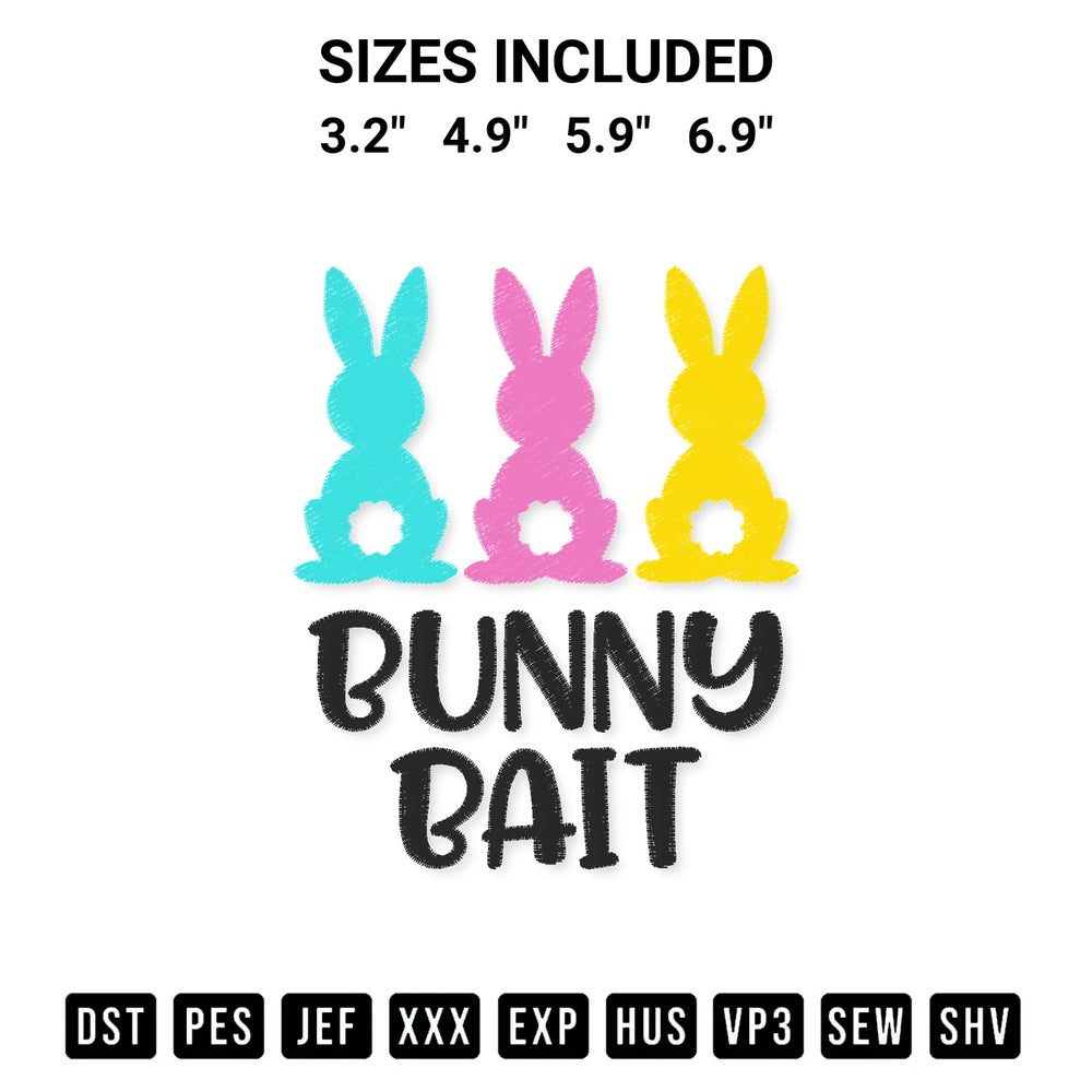 Stitch like a pro with the Easter Bunny Bait Embroidery Design embroidery pattern from Designspacks.com. High-quality digital machine embroidery file. Available sizes: 3.2", 4.9", 5.9", 6.9".
