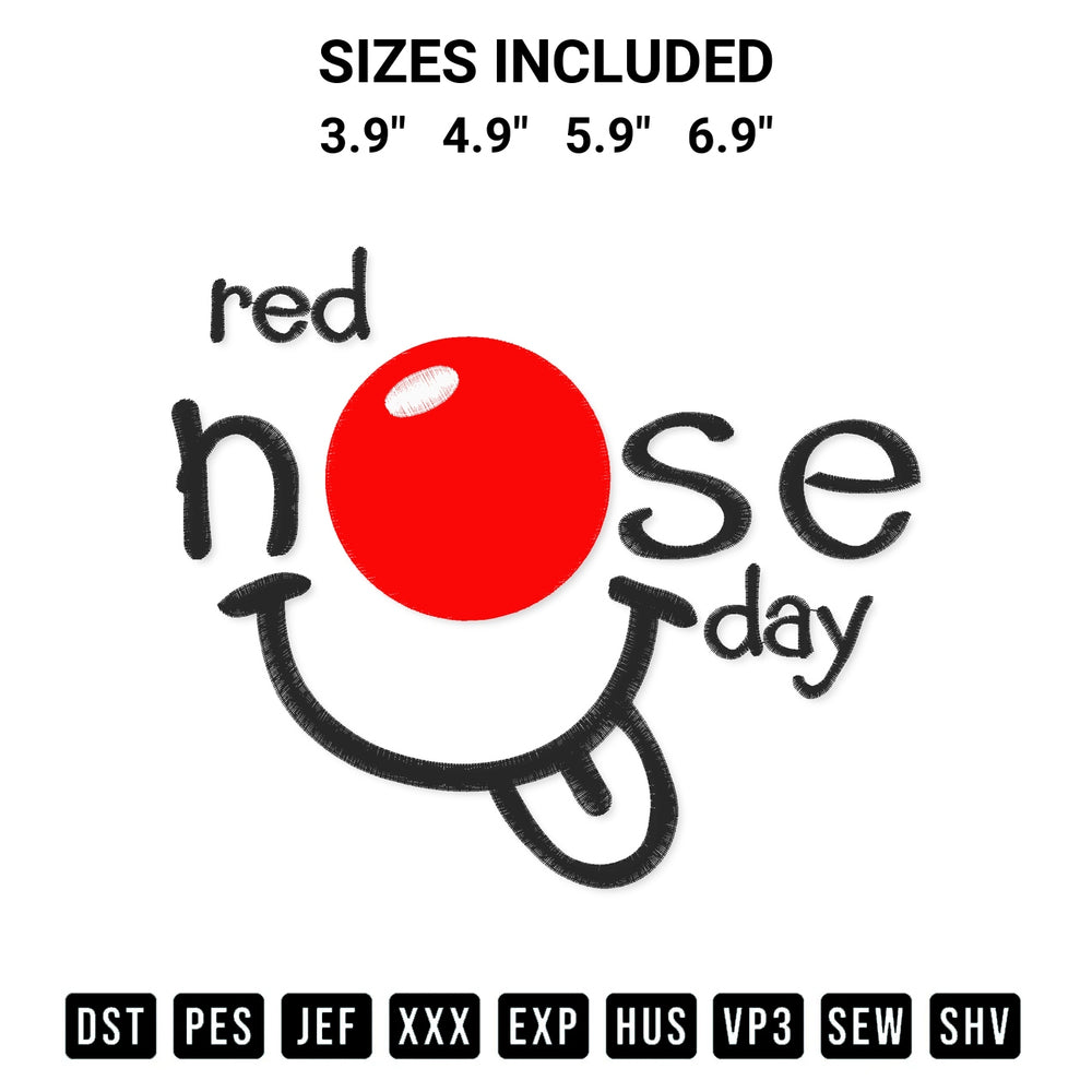 Add a unique touch to your apparel with the Red Nose Day School Embroidery Design embroidery file. Premium instant download available now on Designspacks.com. Available sizes: 3.9", 4.9", 5.9", 6.9".