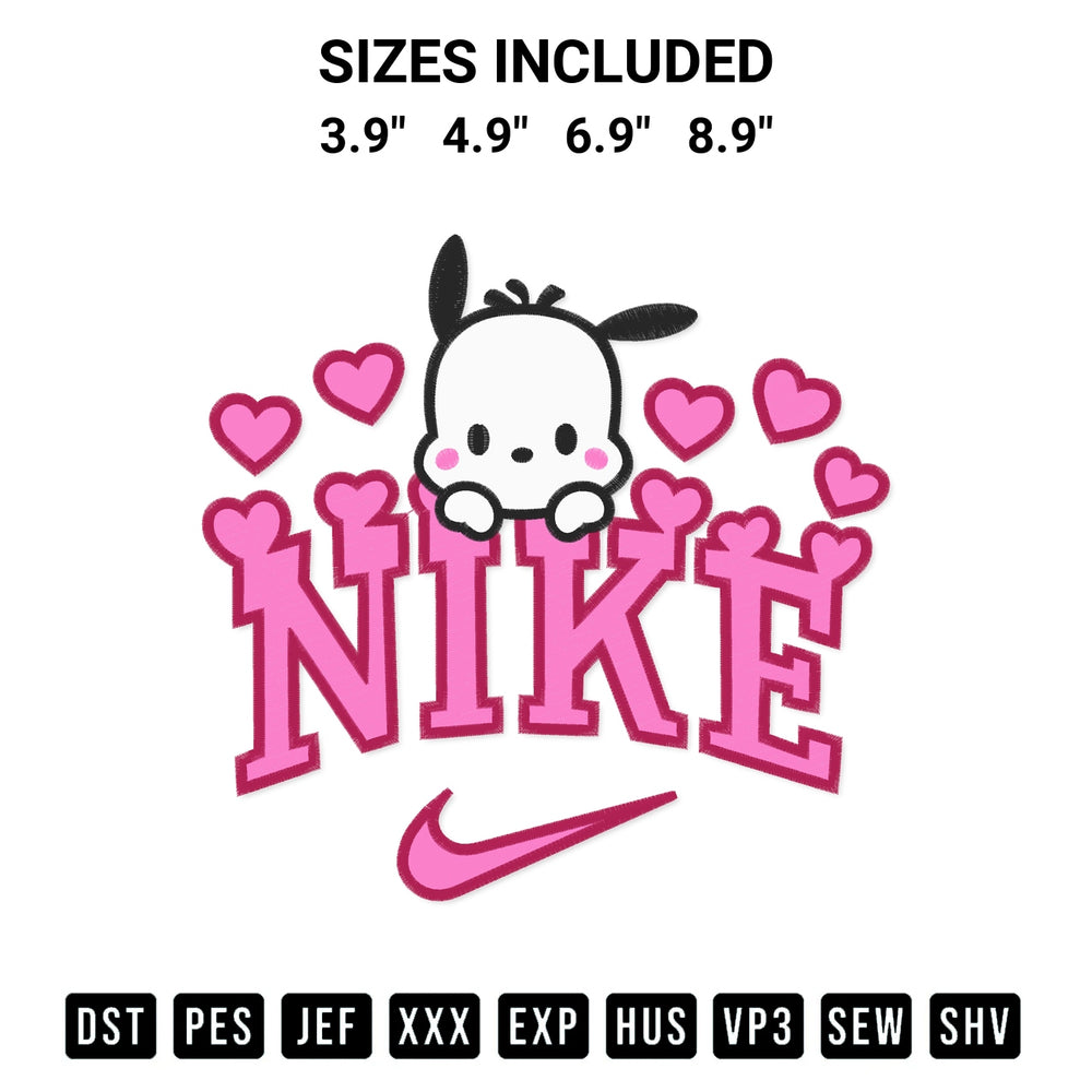 Download the Nike Pochacco Hearts Embroidery Design machine embroidery design exclusively at Designspacks.com. Premium digitized pattern for apparel and DIY crafts. Available sizes: 3.9", 4.9", 6.9", 8.9".