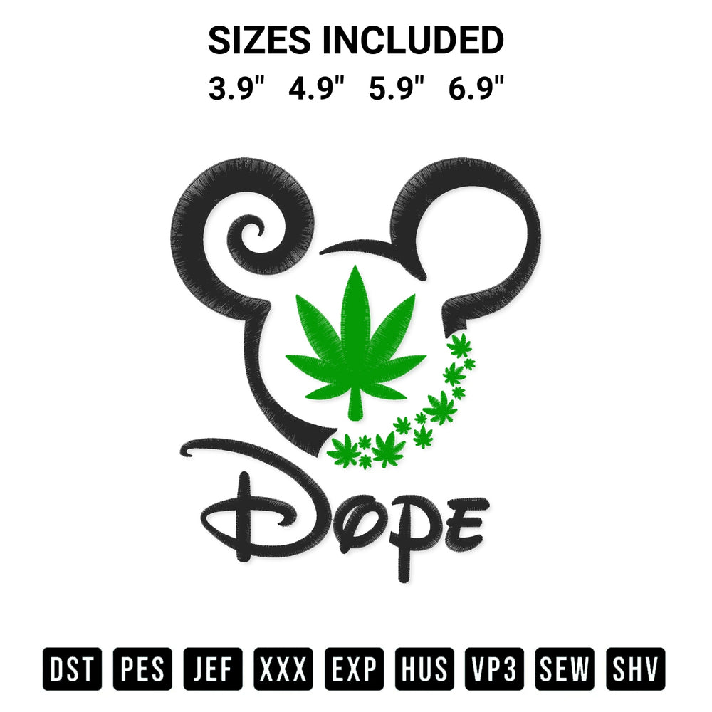 Create amazing crafts with the Dope Mickey Weed Embroidery Design embroidery file. High-quality digital download from Designspacks.com, perfect for beginners and pros. Available sizes: 3.9", 4.9", 5.9", 6.9".