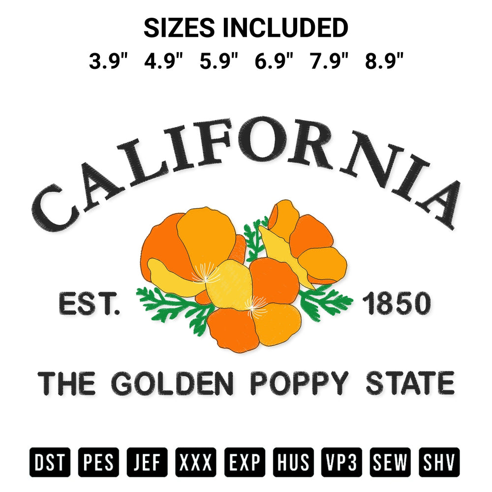 Discover the perfect addition to your crafting collection: California Est 1850 Embroidery Design embroidery file. Instantly available at Designspacks.com. Available sizes: 3.9", 4.9", 5.9", 6.9", 7.9", 8.9".