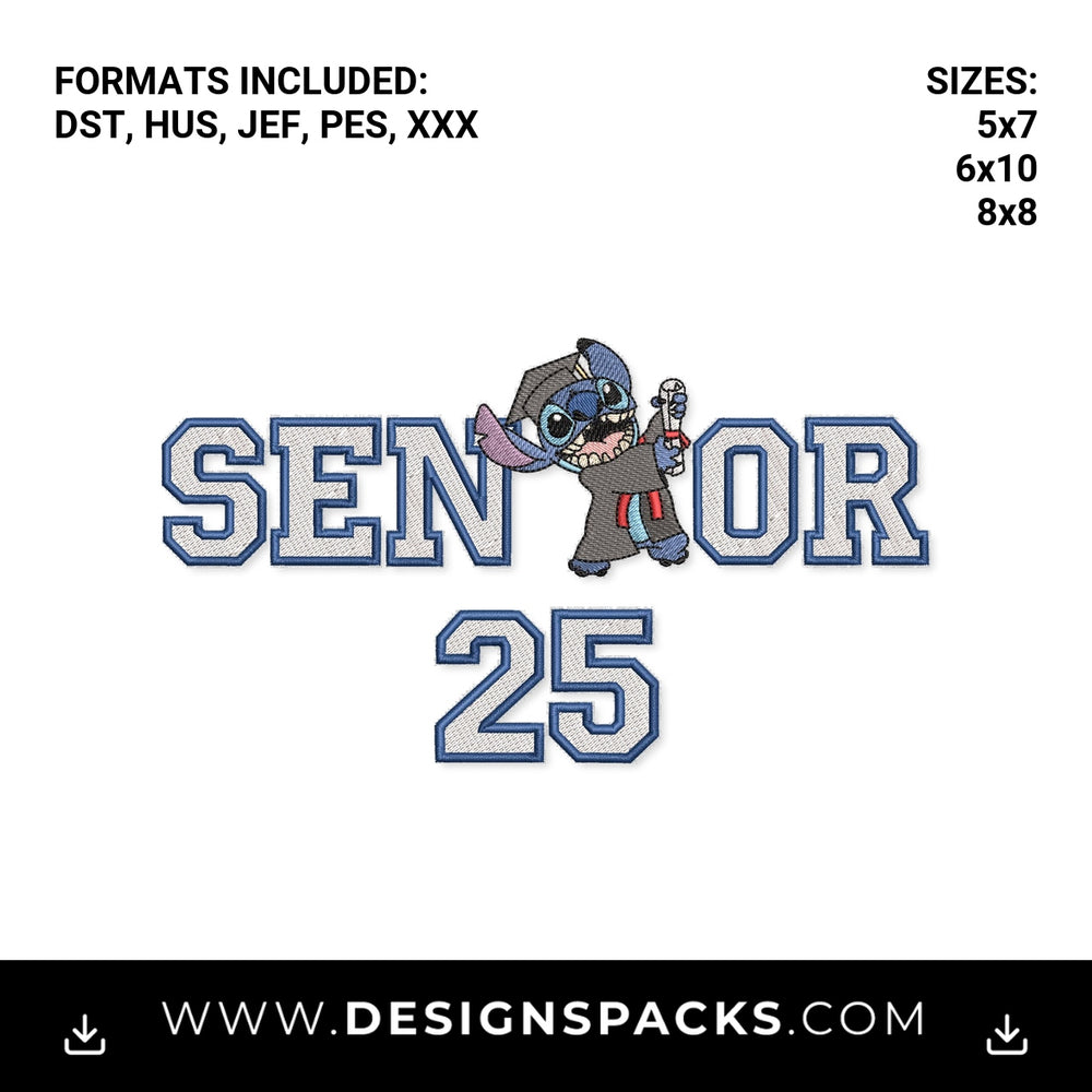 Stitch Senior 2025 Graduation Embroidery Design - Instant digital download pattern at Designspacks.com