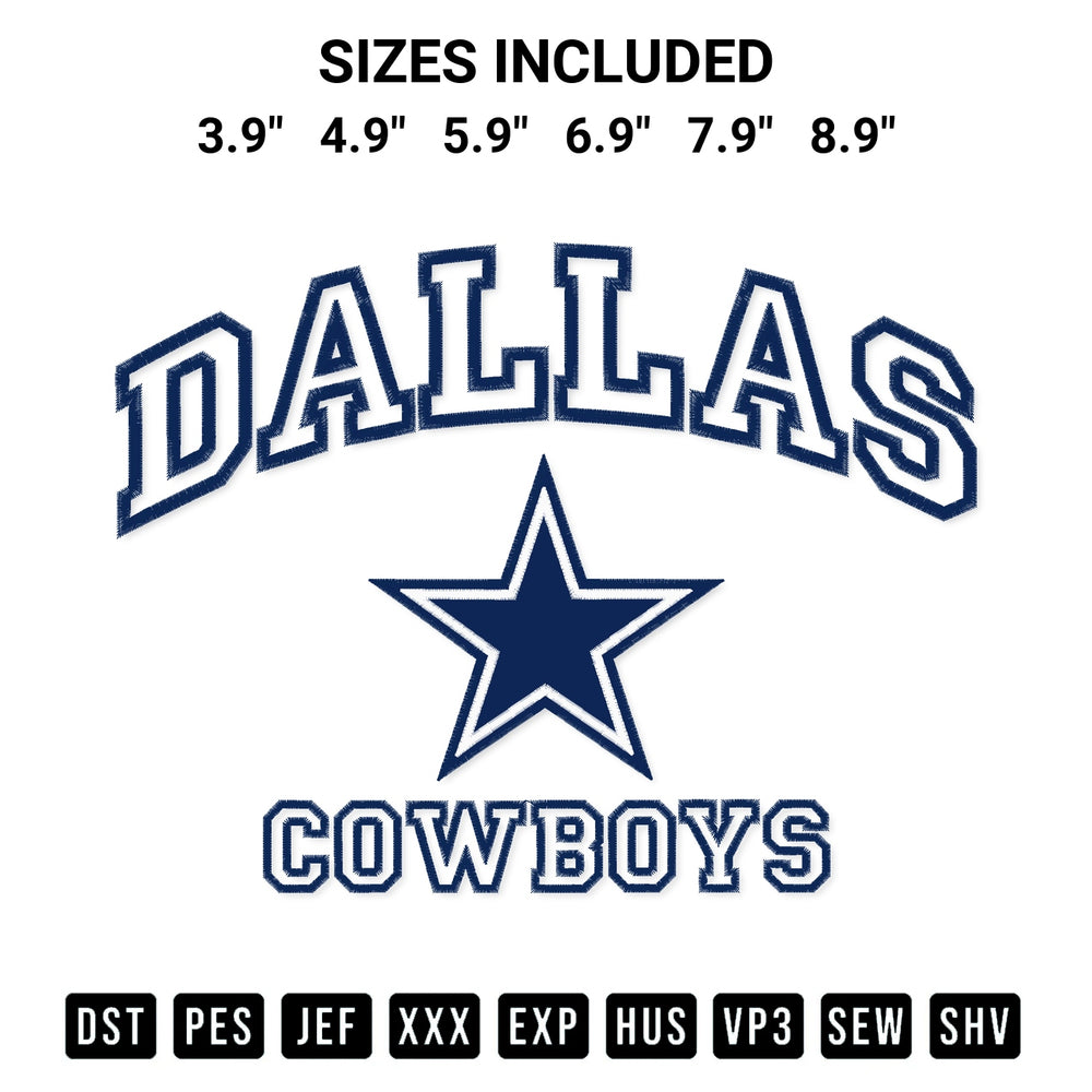 Discover the perfect addition to your crafting collection: Nfl Dallas Cowboys Embroidery Design embroidery file. Instantly available at Designspacks.com. Available sizes: 3.9", 4.9", 5.9", 6.9", 7.9", 8.9".